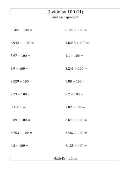 The Dividing Decimals by 100 (H) Math Worksheet