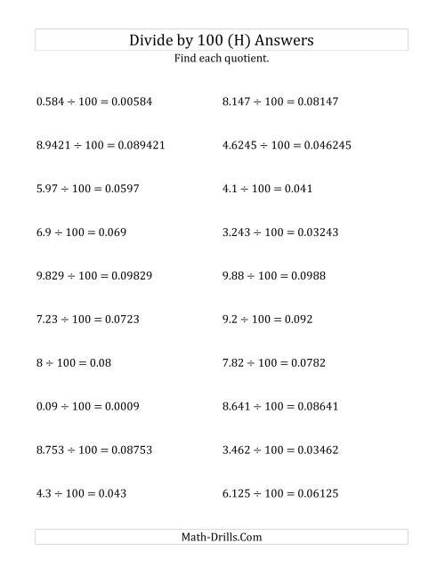 The Dividing Decimals by 100 (H) Math Worksheet Page 2