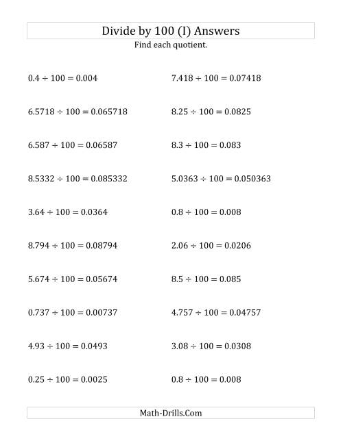 The Dividing Decimals by 100 (I) Math Worksheet Page 2