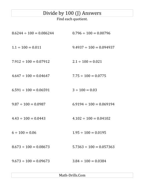 The Dividing Decimals by 100 (J) Math Worksheet Page 2