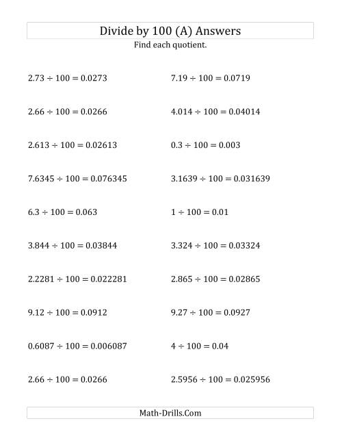 The Dividing Decimals by 100 (All) Math Worksheet Page 2