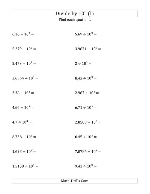 The Dividing Decimals by 10<sup>3</sup> (I) Math Worksheet