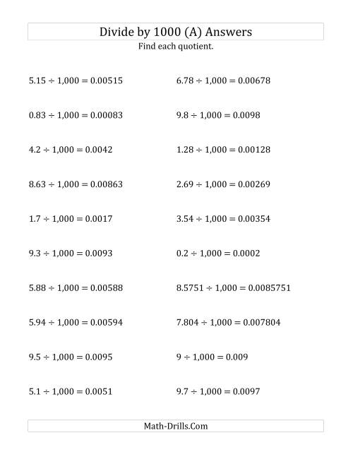 The Dividing Decimals by 1,000 (A) Math Worksheet Page 2