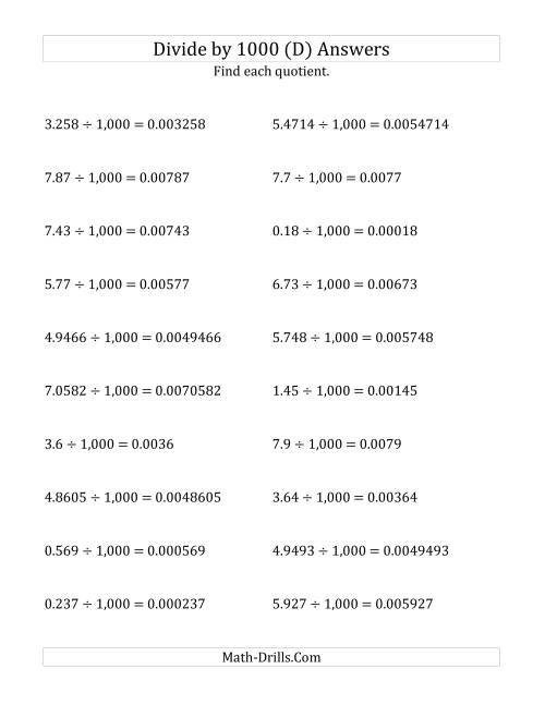 The Dividing Decimals by 1,000 (D) Math Worksheet Page 2