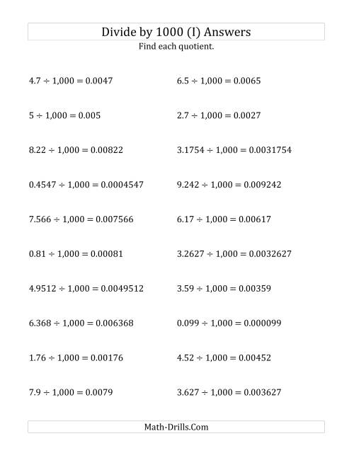 The Dividing Decimals by 1,000 (I) Math Worksheet Page 2