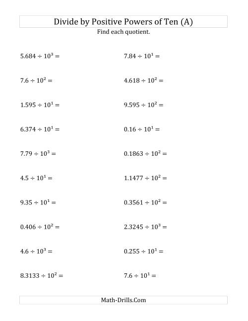 The Dividing Decimals by Positive Powers of Ten (Exponent Form) (A) Math Worksheet