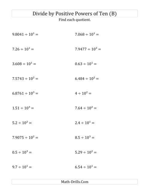 The Dividing Decimals by Positive Powers of Ten (Exponent Form) (B) Math Worksheet
