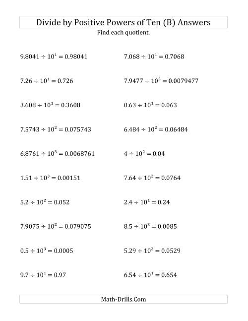 The Dividing Decimals by Positive Powers of Ten (Exponent Form) (B) Math Worksheet Page 2