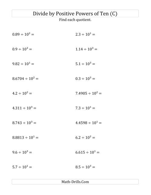 The Dividing Decimals by Positive Powers of Ten (Exponent Form) (C) Math Worksheet