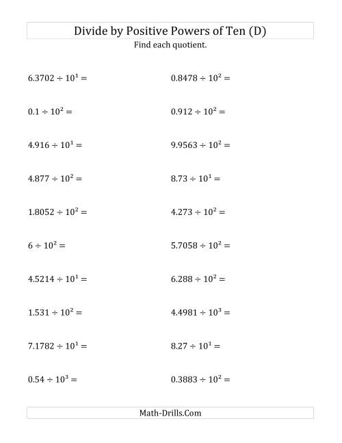 The Dividing Decimals by Positive Powers of Ten (Exponent Form) (D) Math Worksheet