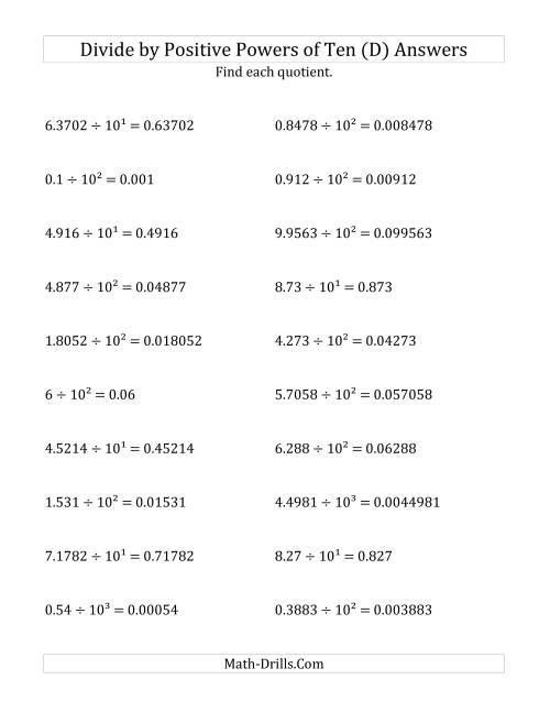 The Dividing Decimals by Positive Powers of Ten (Exponent Form) (D) Math Worksheet Page 2