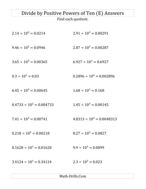 The Dividing Decimals by Positive Powers of Ten (Exponent Form) (E) Math Worksheet Page 2