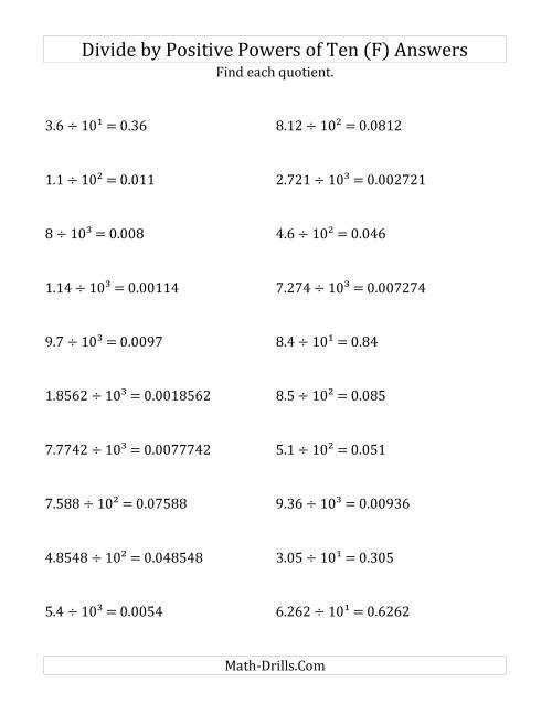 The Dividing Decimals by Positive Powers of Ten (Exponent Form) (F) Math Worksheet Page 2