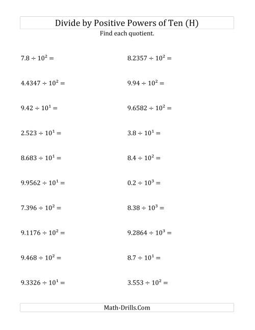 The Dividing Decimals by Positive Powers of Ten (Exponent Form) (H) Math Worksheet
