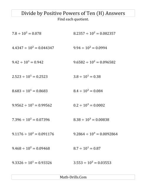The Dividing Decimals by Positive Powers of Ten (Exponent Form) (H) Math Worksheet Page 2