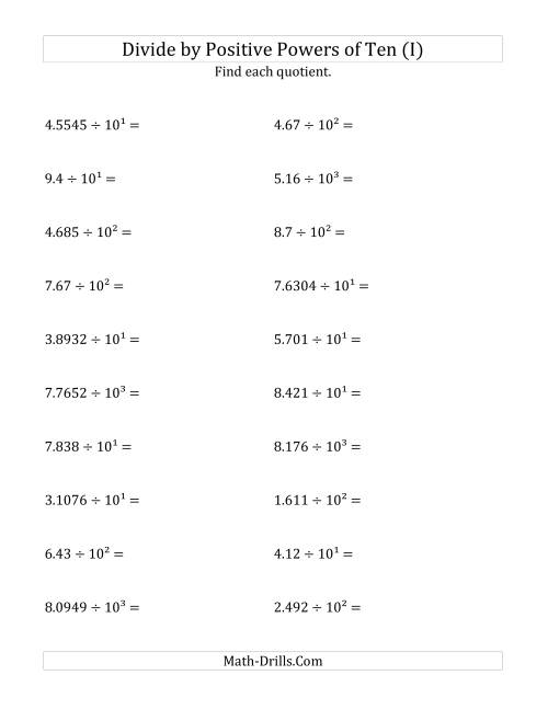 The Dividing Decimals by Positive Powers of Ten (Exponent Form) (I) Math Worksheet