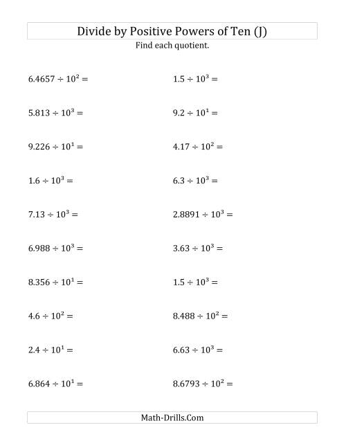 The Dividing Decimals by Positive Powers of Ten (Exponent Form) (J) Math Worksheet