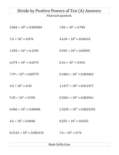The Dividing Decimals by Positive Powers of Ten (Exponent Form) (All) Math Worksheet Page 2