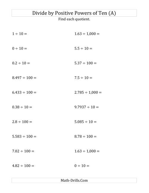 The Dividing Decimals by Positive Powers of Ten (Standard Form) (A) Math Worksheet