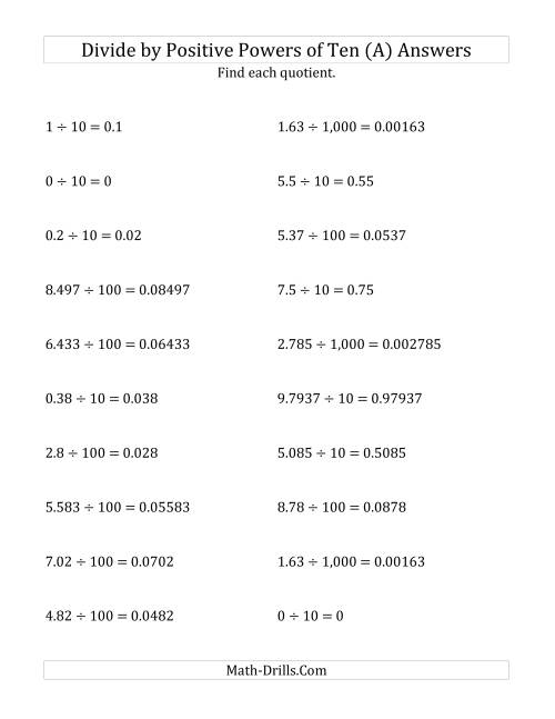 The Dividing Decimals by Positive Powers of Ten (Standard Form) (A) Math Worksheet Page 2