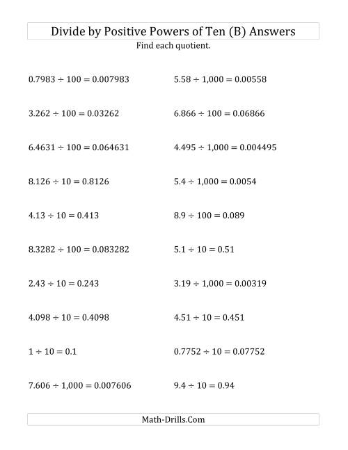 The Dividing Decimals by Positive Powers of Ten (Standard Form) (B) Math Worksheet Page 2