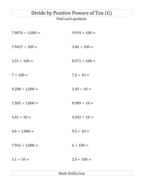 The Dividing Decimals by Positive Powers of Ten (Standard Form) (G) Math Worksheet