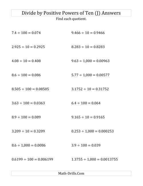 The Dividing Decimals by Positive Powers of Ten (Standard Form) (J) Math Worksheet Page 2