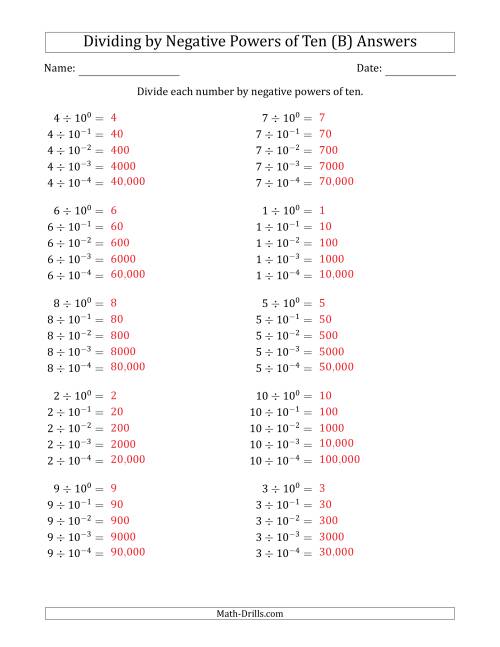 The Learning to Divide Numbers (Range 1 to 10) by Negative Powers of Ten in Exponent Form (B) Math Worksheet Page 2