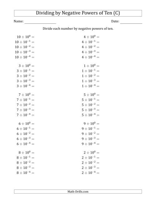 The Learning to Divide Numbers (Range 1 to 10) by Negative Powers of Ten in Exponent Form (C) Math Worksheet