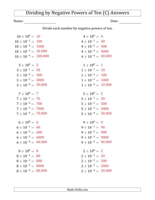 The Learning to Divide Numbers (Range 1 to 10) by Negative Powers of Ten in Exponent Form (C) Math Worksheet Page 2