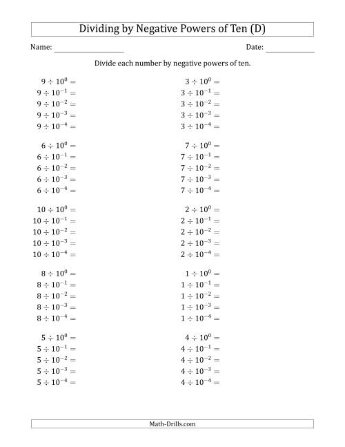 The Learning to Divide Numbers (Range 1 to 10) by Negative Powers of Ten in Exponent Form (D) Math Worksheet