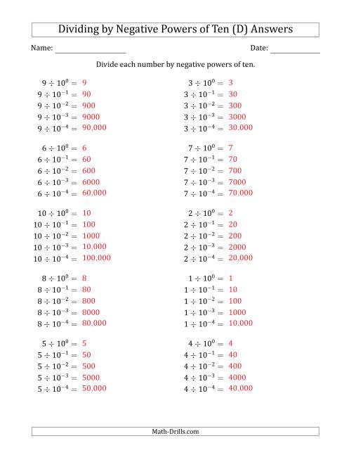 The Learning to Divide Numbers (Range 1 to 10) by Negative Powers of Ten in Exponent Form (D) Math Worksheet Page 2