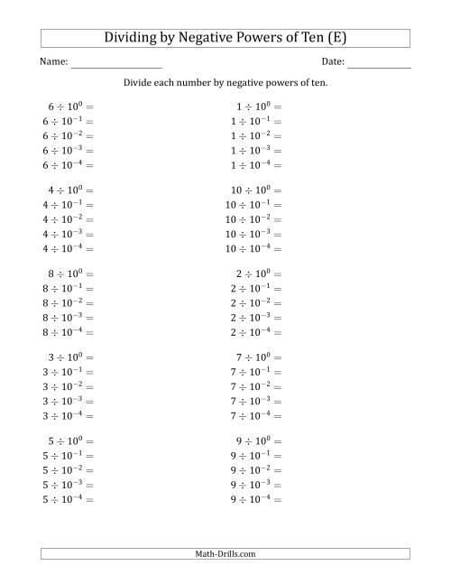 The Learning to Divide Numbers (Range 1 to 10) by Negative Powers of Ten in Exponent Form (E) Math Worksheet