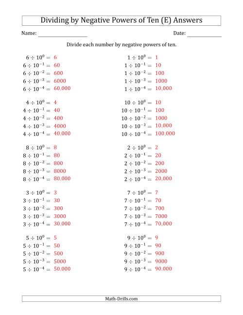 The Learning to Divide Numbers (Range 1 to 10) by Negative Powers of Ten in Exponent Form (E) Math Worksheet Page 2