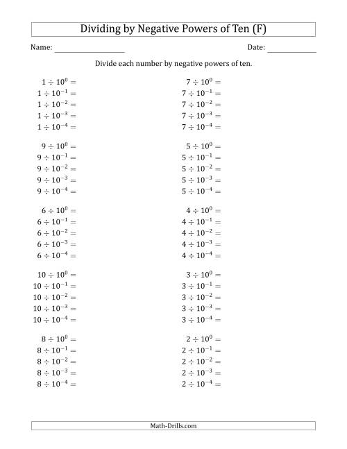The Learning to Divide Numbers (Range 1 to 10) by Negative Powers of Ten in Exponent Form (F) Math Worksheet