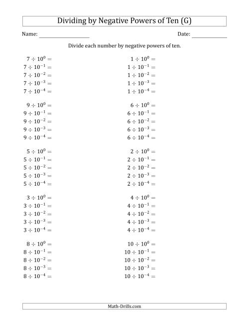 The Learning to Divide Numbers (Range 1 to 10) by Negative Powers of Ten in Exponent Form (G) Math Worksheet