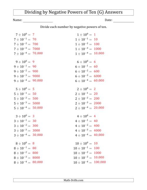 The Learning to Divide Numbers (Range 1 to 10) by Negative Powers of Ten in Exponent Form (G) Math Worksheet Page 2