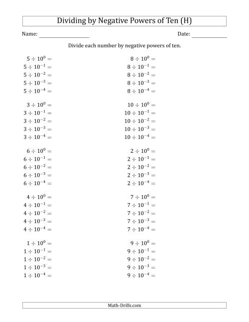 The Learning to Divide Numbers (Range 1 to 10) by Negative Powers of Ten in Exponent Form (H) Math Worksheet