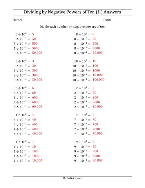 The Learning to Divide Numbers (Range 1 to 10) by Negative Powers of Ten in Exponent Form (H) Math Worksheet Page 2