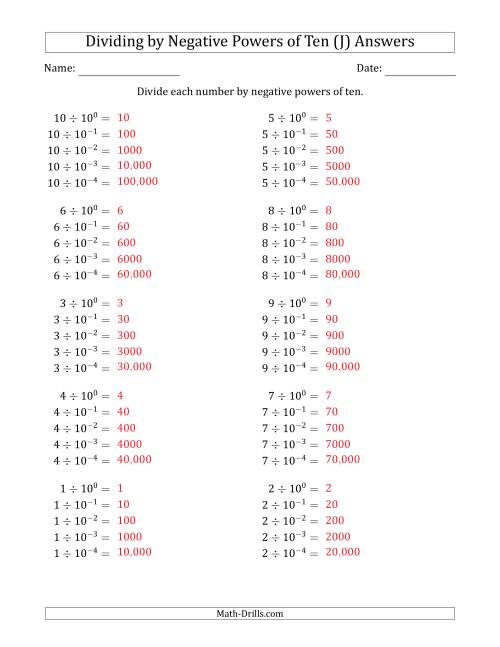 The Learning to Divide Numbers (Range 1 to 10) by Negative Powers of Ten in Exponent Form (J) Math Worksheet Page 2