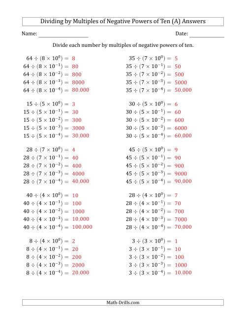 The Learning to Divide Numbers (Quotients Range 1 to 10) by Multiples of Negative Powers of Ten in Exponent Form (A) Math Worksheet Page 2