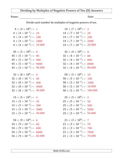The Learning to Divide Numbers (Quotients Range 1 to 10) by Multiples of Negative Powers of Ten in Exponent Form (B) Math Worksheet Page 2