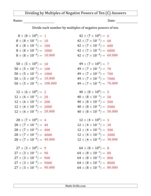 The Learning to Divide Numbers (Quotients Range 1 to 10) by Multiples of Negative Powers of Ten in Exponent Form (C) Math Worksheet Page 2