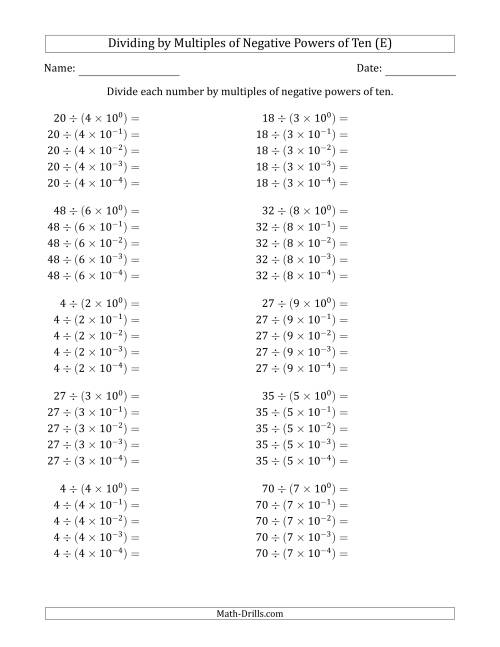 The Learning to Divide Numbers (Quotients Range 1 to 10) by Multiples of Negative Powers of Ten in Exponent Form (E) Math Worksheet