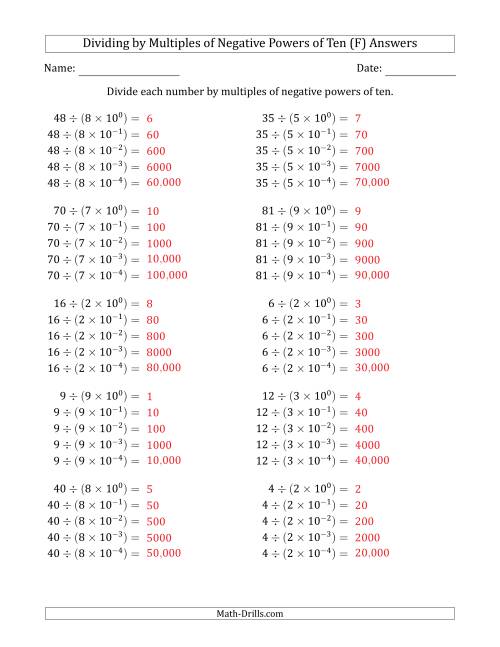 The Learning to Divide Numbers (Quotients Range 1 to 10) by Multiples of Negative Powers of Ten in Exponent Form (F) Math Worksheet Page 2