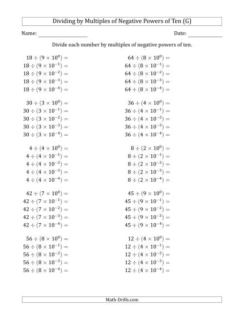 The Learning to Divide Numbers (Quotients Range 1 to 10) by Multiples of Negative Powers of Ten in Exponent Form (G) Math Worksheet