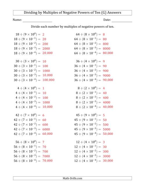 The Learning to Divide Numbers (Quotients Range 1 to 10) by Multiples of Negative Powers of Ten in Exponent Form (G) Math Worksheet Page 2