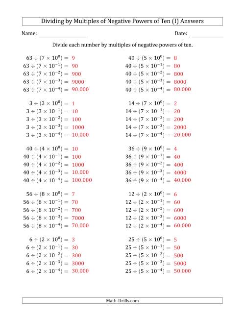 The Learning to Divide Numbers (Quotients Range 1 to 10) by Multiples of Negative Powers of Ten in Exponent Form (I) Math Worksheet Page 2