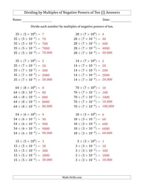 The Learning to Divide Numbers (Quotients Range 1 to 10) by Multiples of Negative Powers of Ten in Exponent Form (J) Math Worksheet Page 2