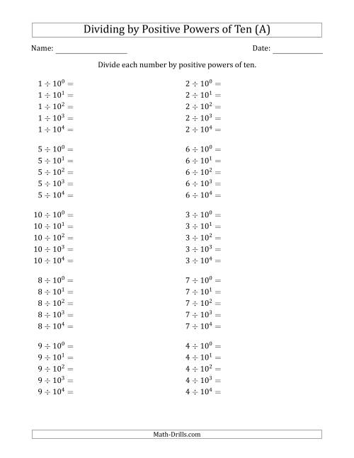 The Learning to Divide Numbers (Range 1 to 10) by Positive Powers of Ten in Exponent Form (A) Math Worksheet